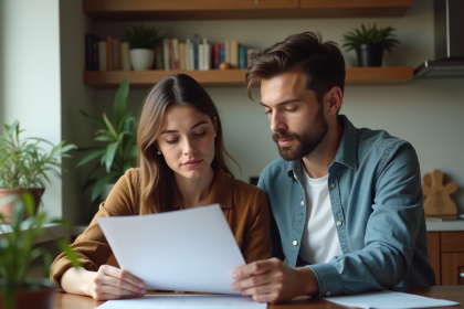 Femme et jeune homme &eacute;tudiant des contrats de location