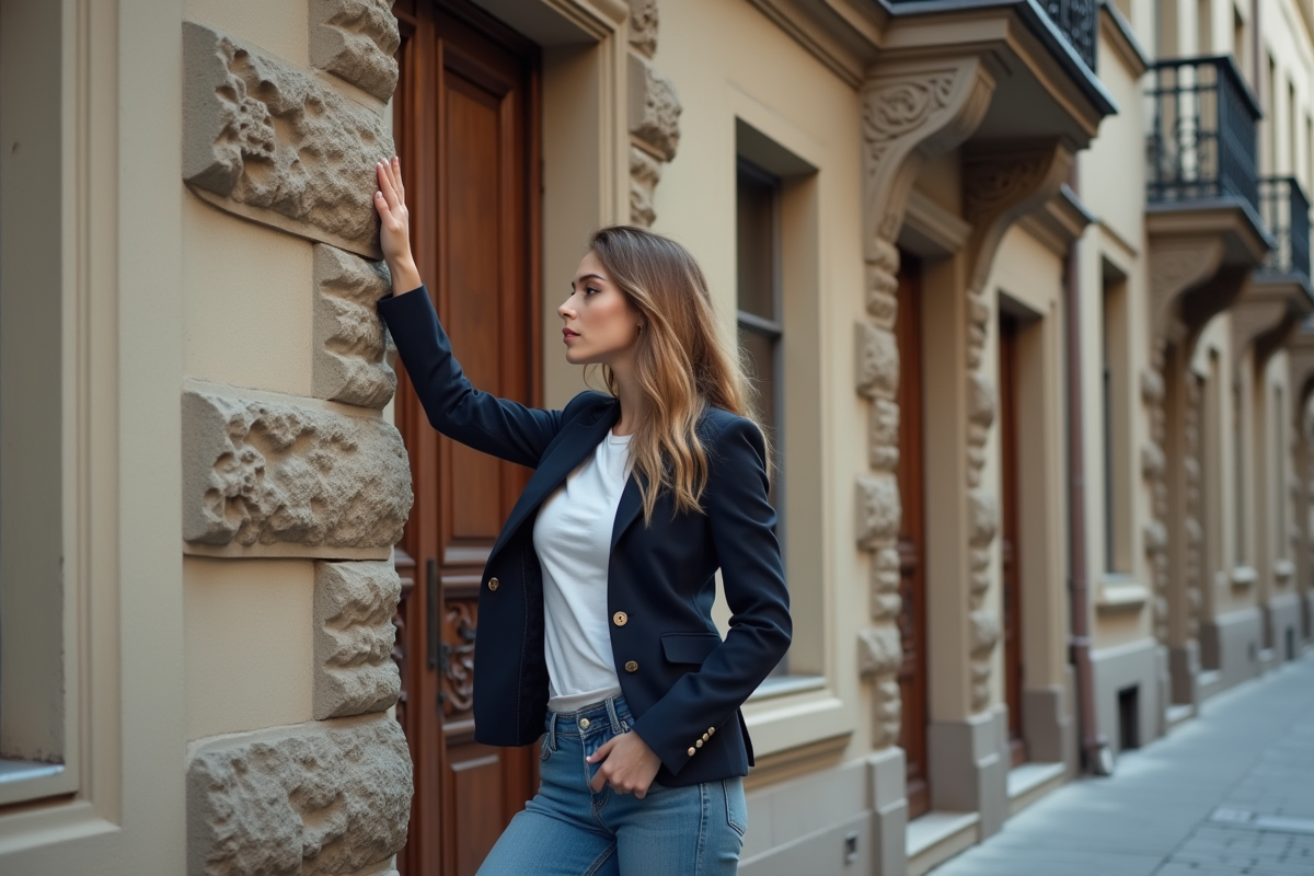 Jeune femme touchant la façade d