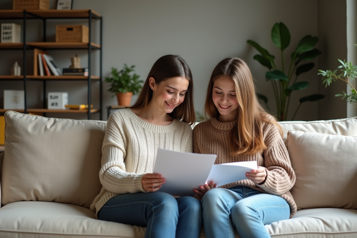 Mère et fille souriantes dans un salon moderne