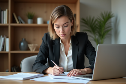 Femme en blazer examine des documents financiers à la maison
