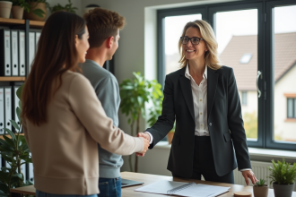 Femme d'affaires serrant la main d'un couple dans un bureau moderne
