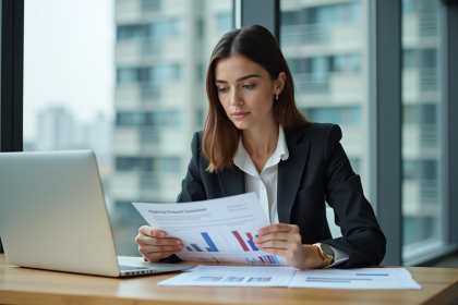 Femme d affaires examinant des documents immobiliers dans un bureau lumineux