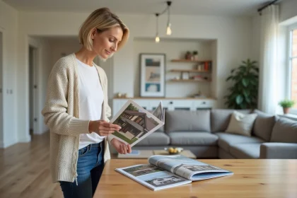 Femme méditative regardant une brochure immobilière