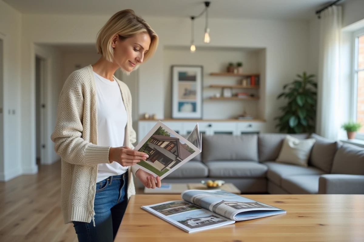 Femme méditative regardant une brochure immobilière