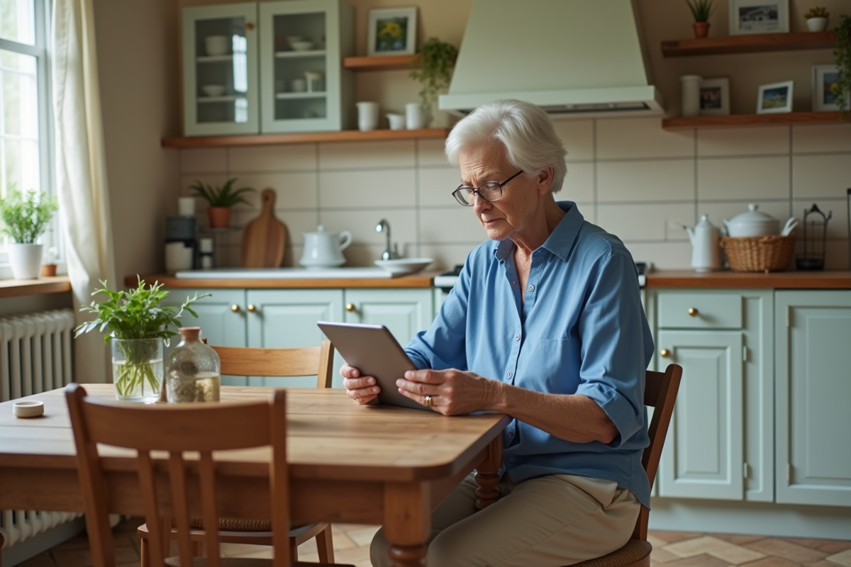 Femme âgée lisant des annonces immobilières dans la cuisine