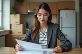 Jeune femme lisant des documents de déménagement à la maison