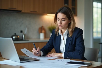 Femme professionnelle en r&eacute;union de travail avec documents juridiques