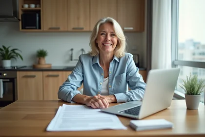 Femme souriante v&eacute;rifiant son contrat de location dans une cuisine moderne
