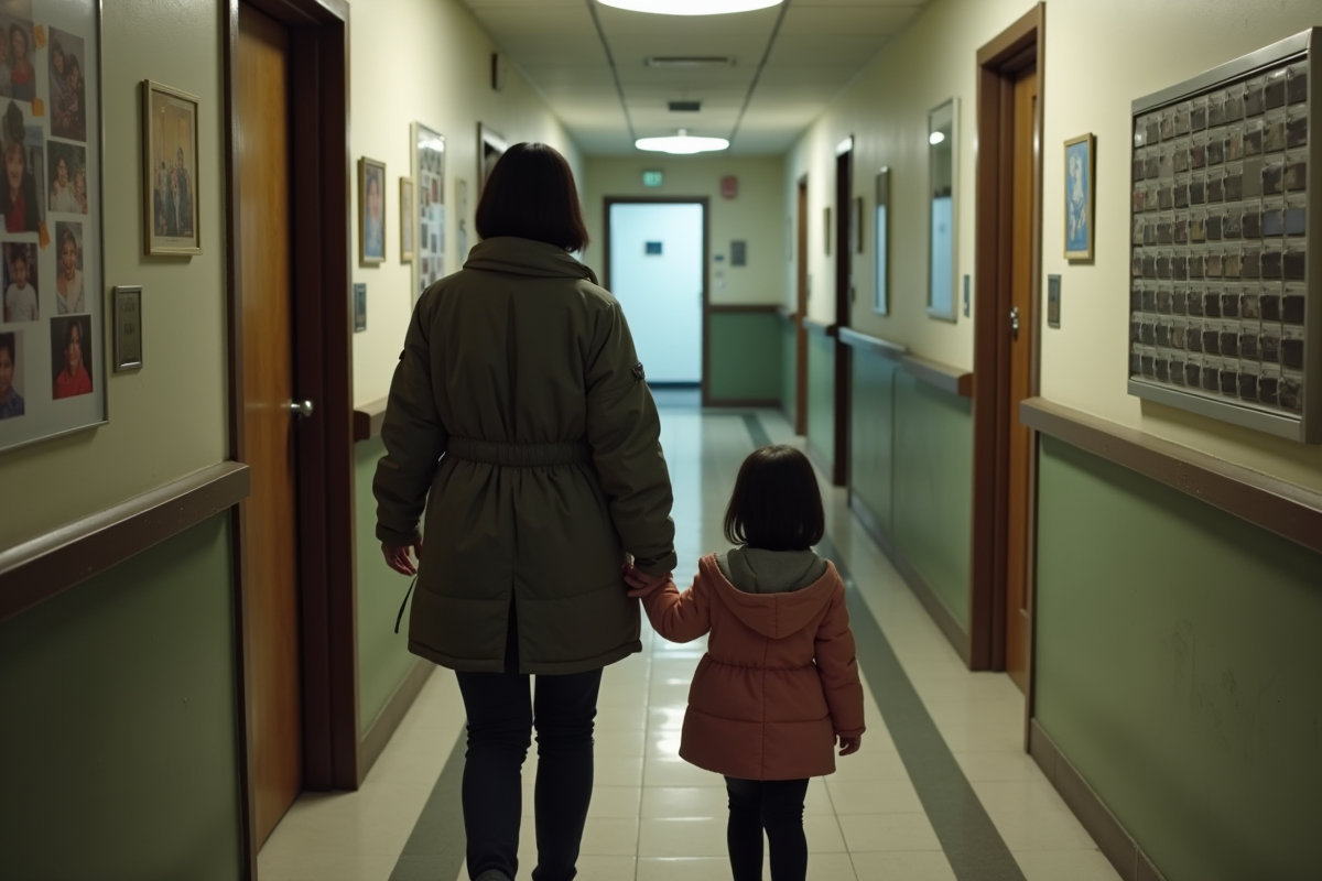 Femme modeste tenant la main de sa fille dans un hall social