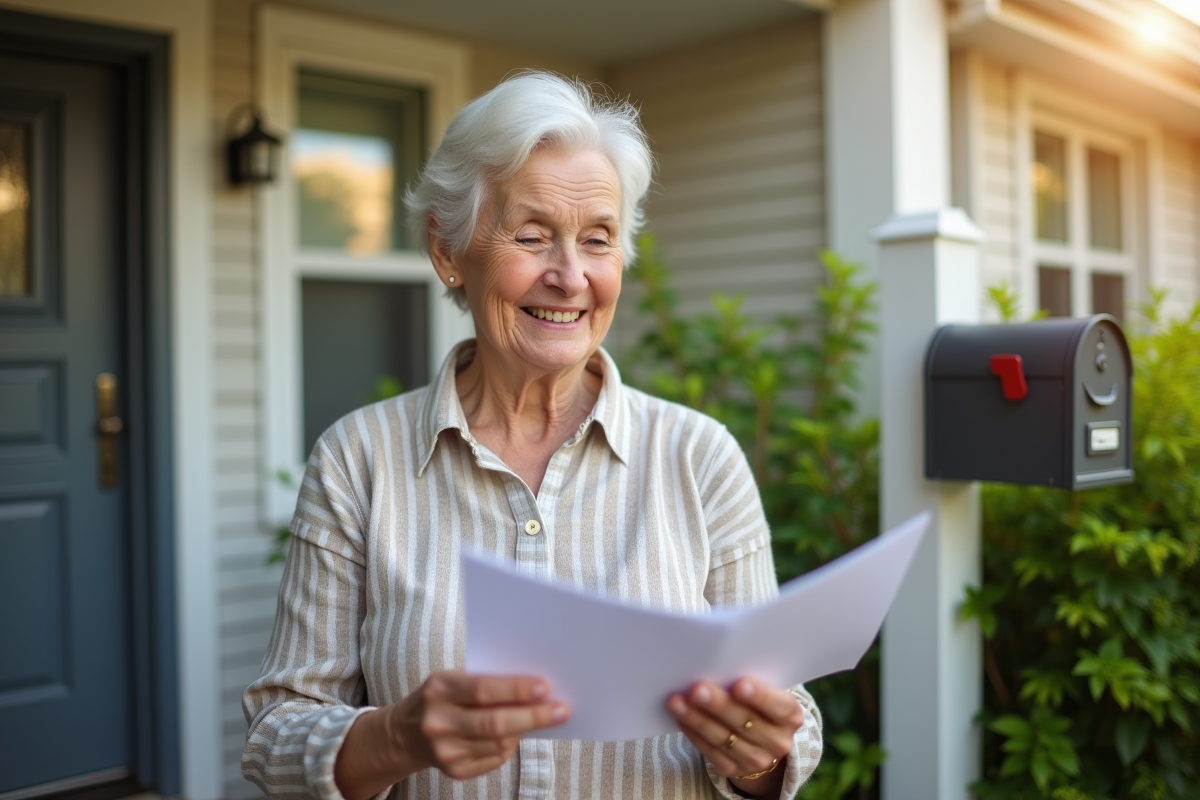 Femme âgée souriante ouvrant une lettre devant sa maison