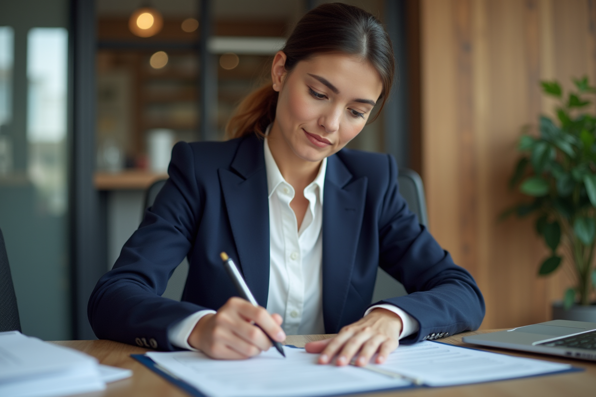 Femme professionnelle signant un document de notaire