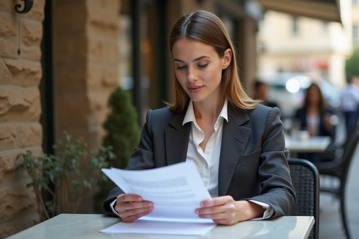 Femme propri&eacute;taire &agrave; une terrasse de caf&eacute; avec contrat