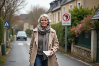 Femme marcheant dans Aix Villemaur Pâlis avec mairie en arrière-plan