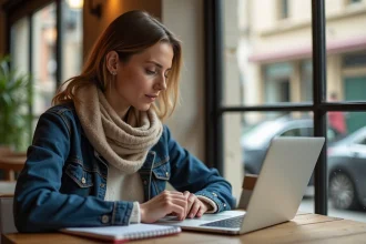 Femme en denim et écharpe beige consulte des annonces immobilières à Perpignan