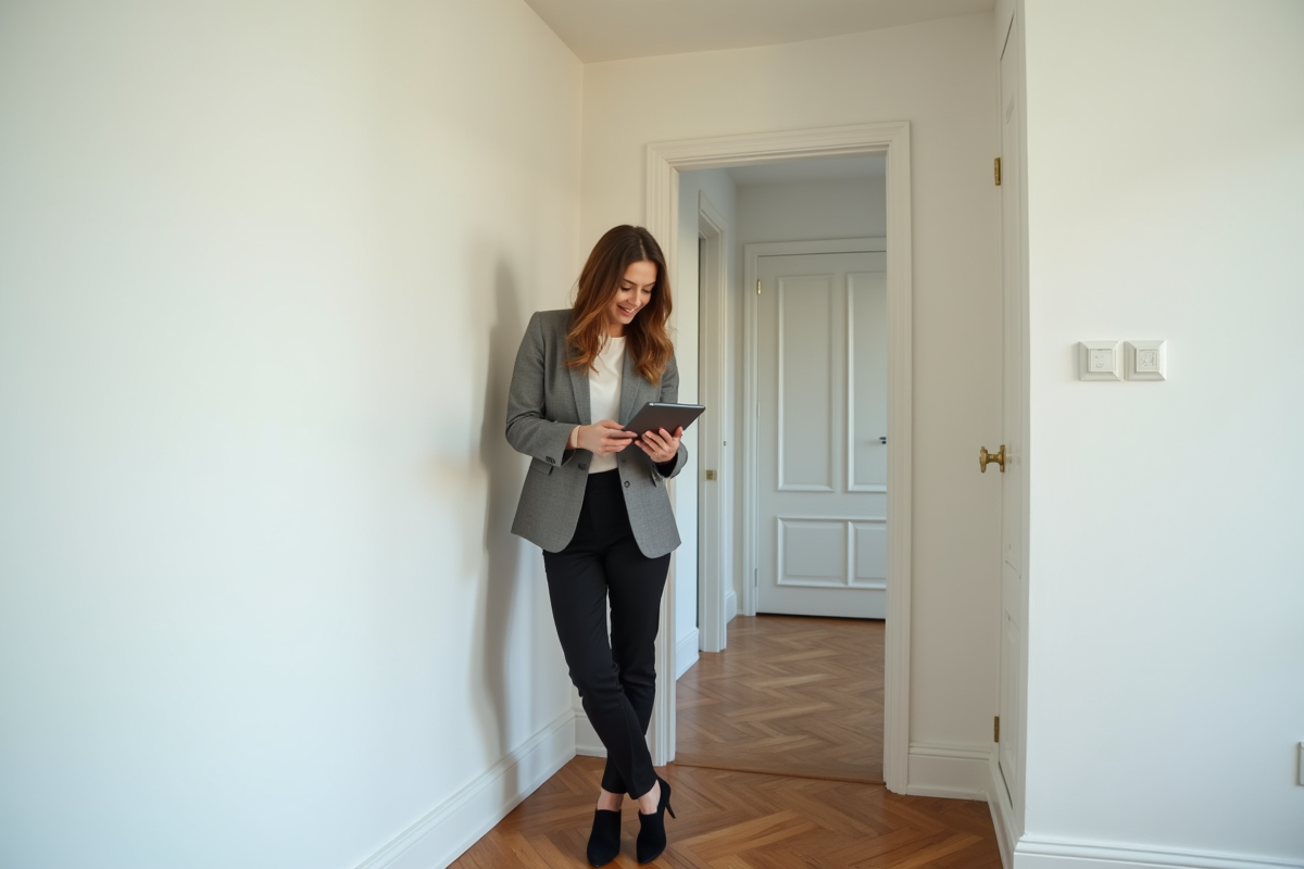 Jeune femme avec tablette dans un appartement rénové et vide