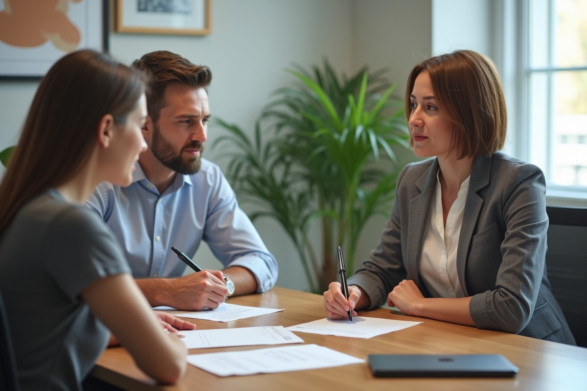 Femme professionnelle examinant des documents avec un couple