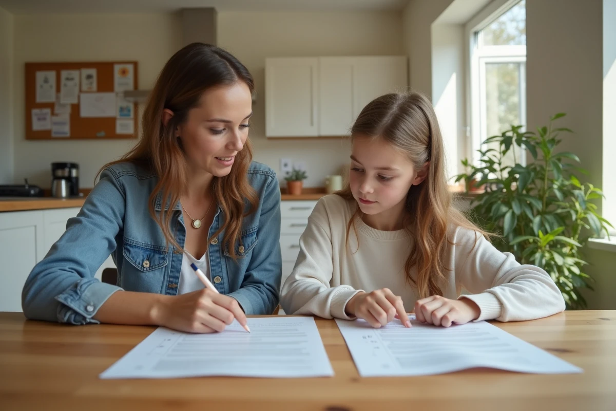 Femme et adolescente examinant des documents dans la cuisine