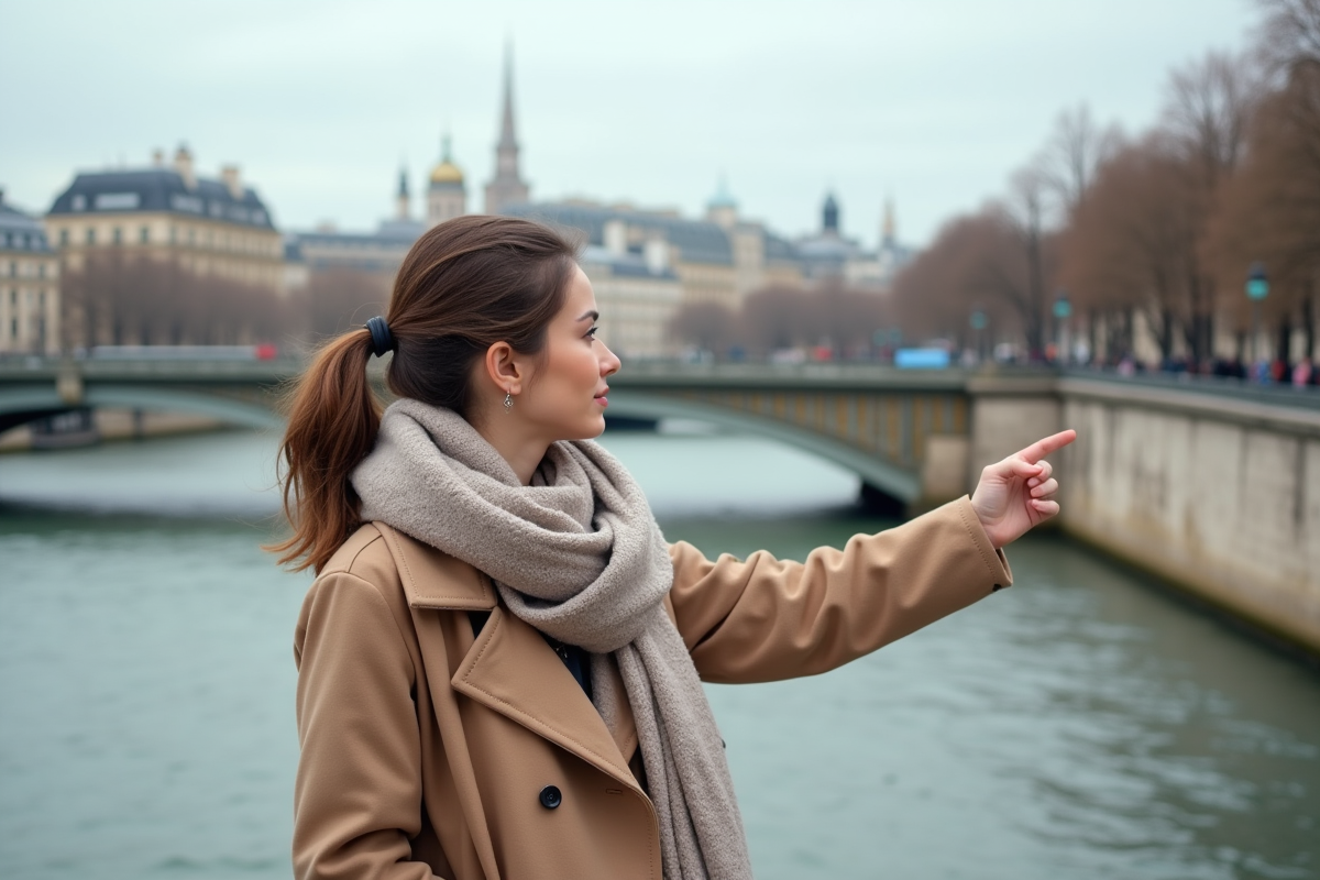 Jeune femme pointant vers le paysage moderne de Paris sur la Seine