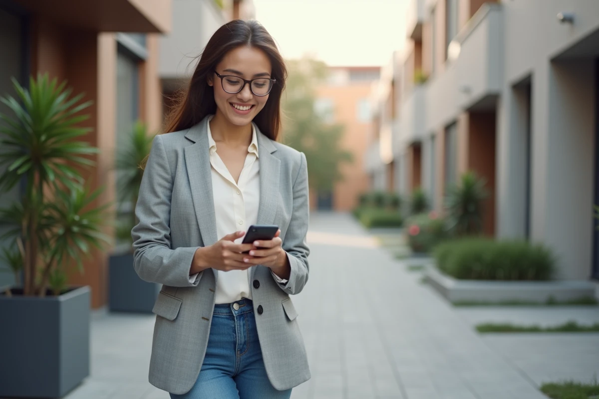Jeune femme souriante vérifiant des annonces immobilières dans la rue
