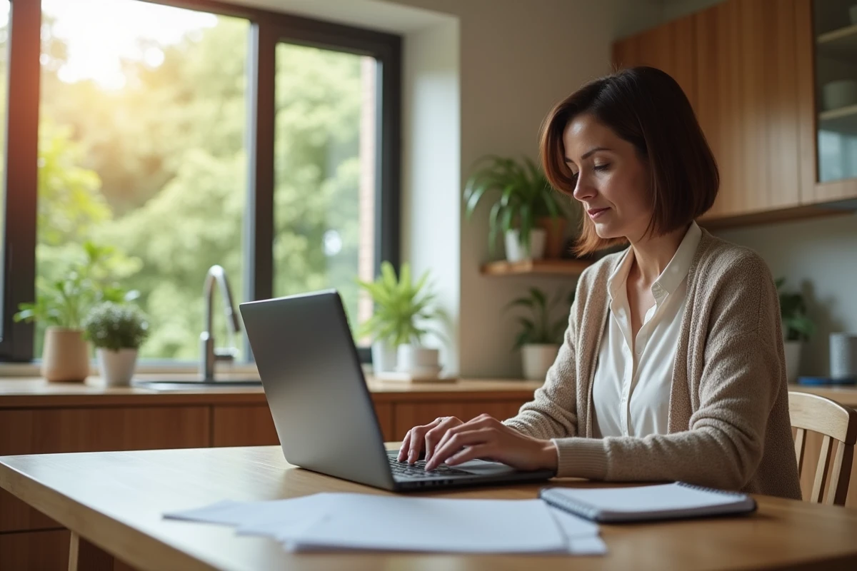 Femme travaillant sur son ordinateur dans la cuisine lumineuse
