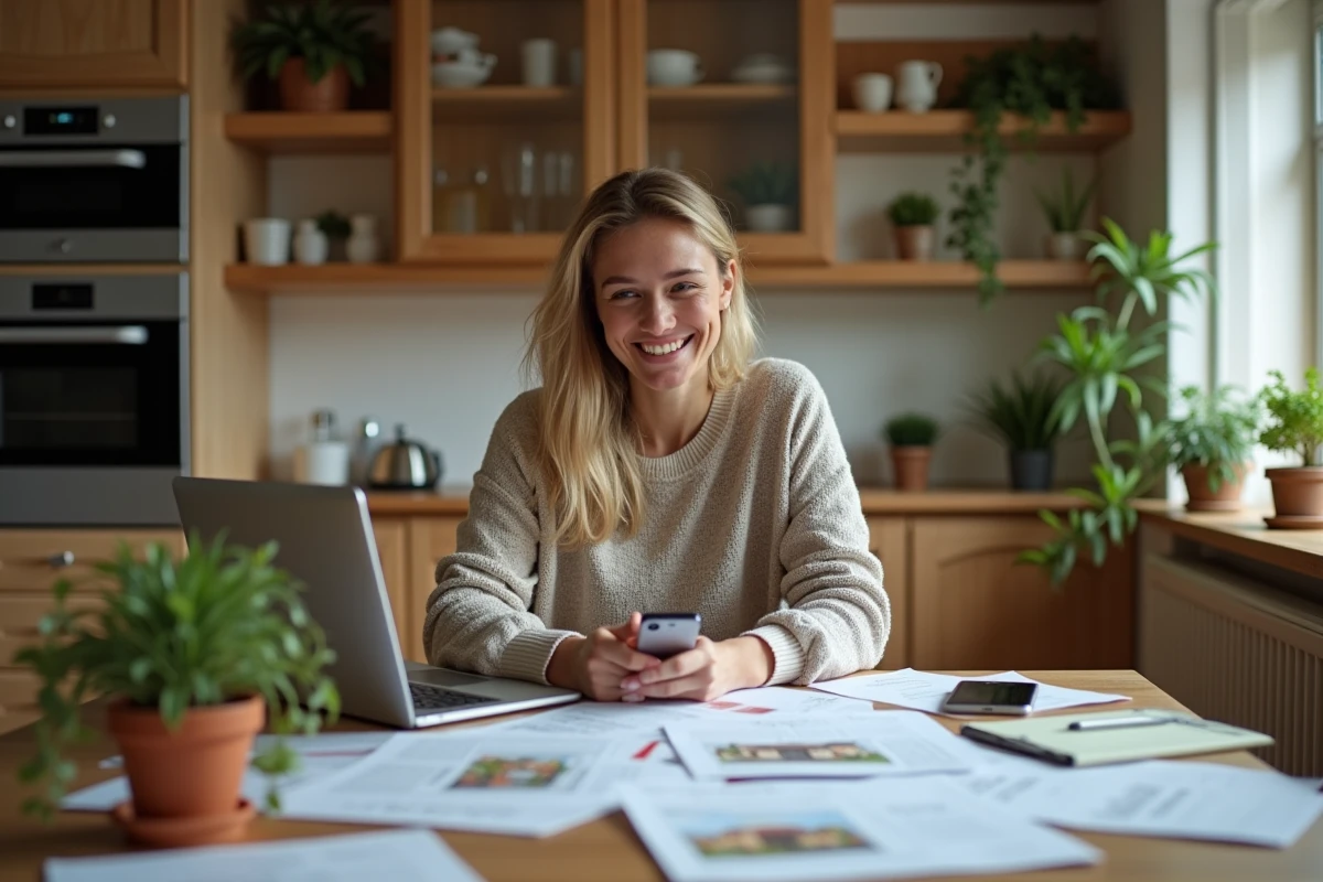 Jeune femme au intérieur cosy consulte des rapports de valuation maison sur la table