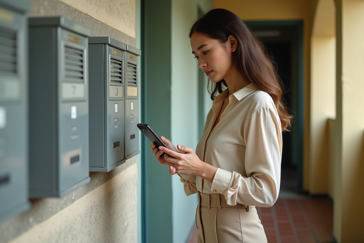 Jeune femme vérifiant le compteur électrique dans un couloir