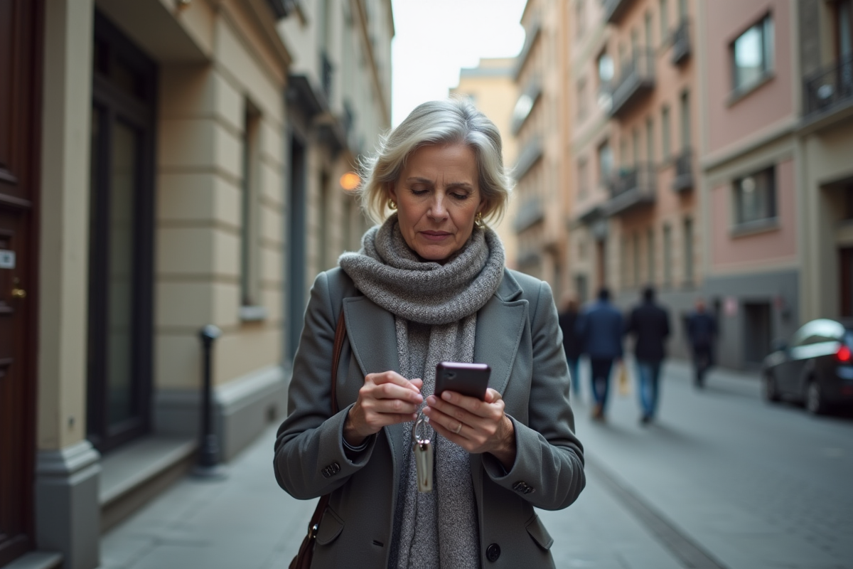 Femme professionnelle vérifie son smartphone devant des immeubles urbains