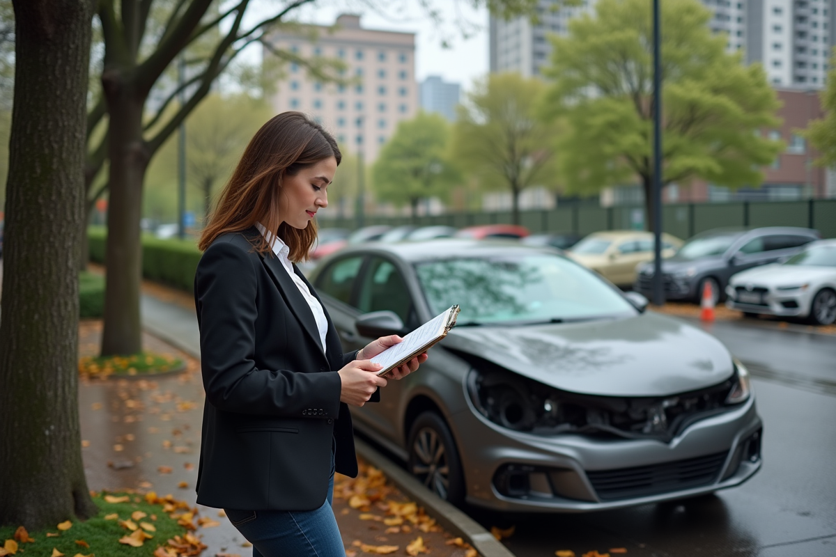 Jeune femme vérifiant une voiture endommagée par une tempête