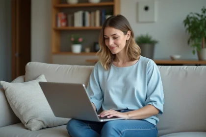 Femme explorant une visite virtuelle de maison moderne