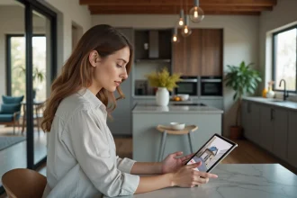 Femme explore une visite virtuelle de maison sur une tablette