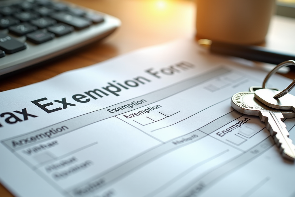 Formulaire d exemption fiscale clés de maison et calculatrice sur un bureau en bois