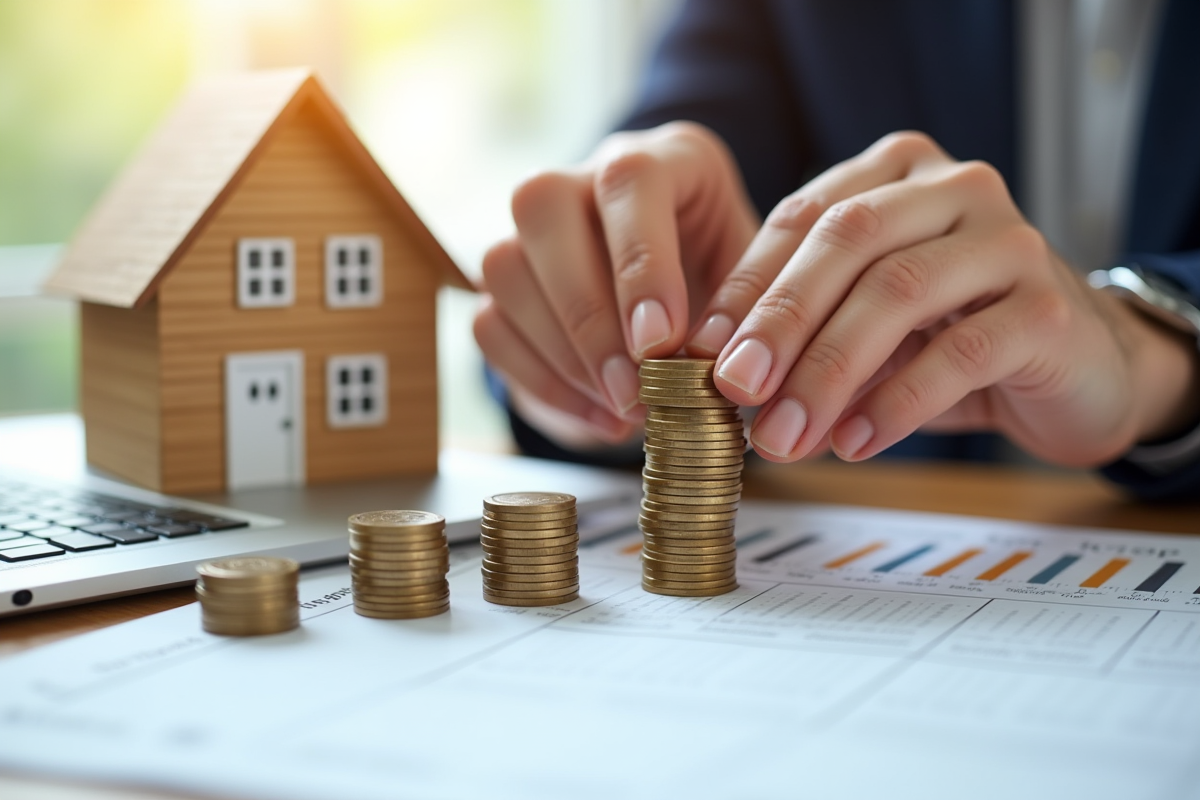 Mains empilant des pièces avec une maison miniature et un formulaire de prêt
