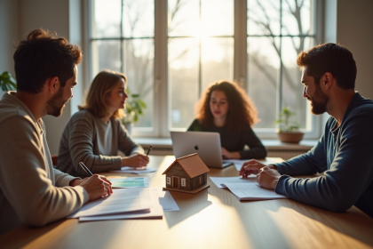 Groupe d adultes divers autour d'une table moderne avec maison miniature