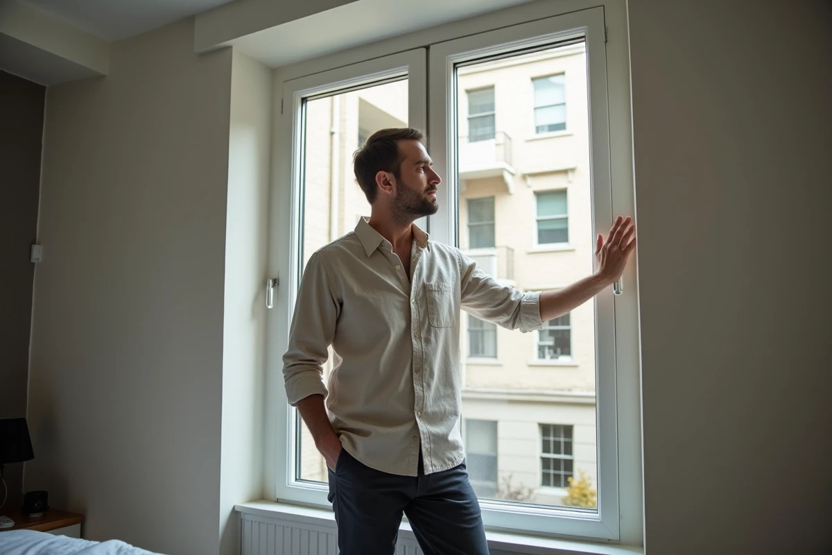 Personne évaluant la fenêtre et la hauteur sous plafond d'une chambre dans un appartement urbain