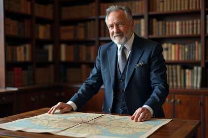 Historien en costume devant une carte de Paris dans une bibliothèque