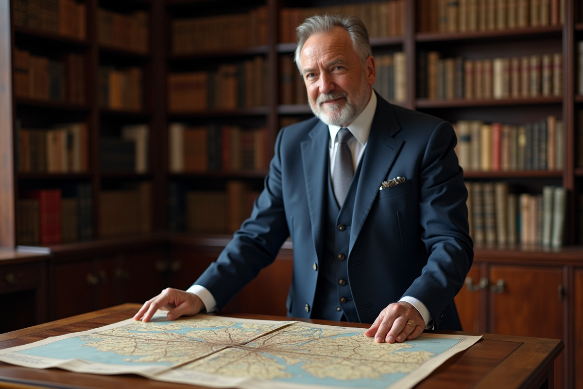 Historien en costume devant une carte de Paris dans une bibliothèque