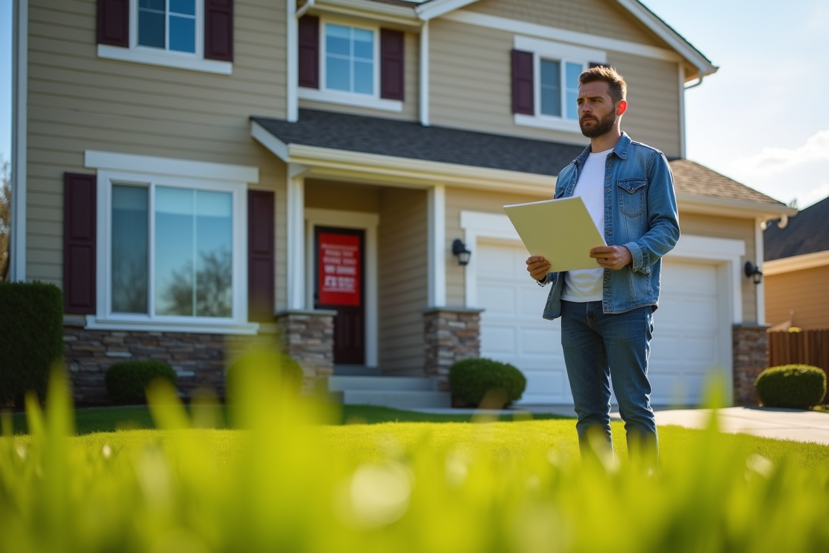 Propriétaire inquiet devant maison avec avis d