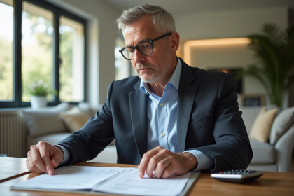 Homme d'affaires en costume examine des documents immobiliers