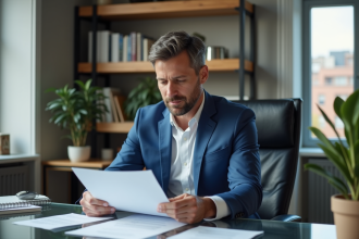 Homme d'affaires en costume bleu dans un bureau moderne