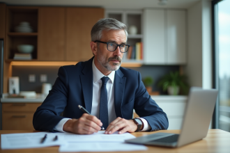Homme d'affaires en costume dans un appartement moderne