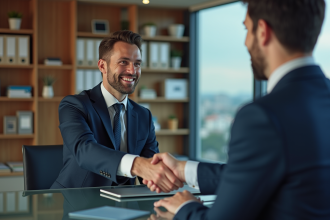 Homme d'affaires confiant serrant la main dans un bureau moderne