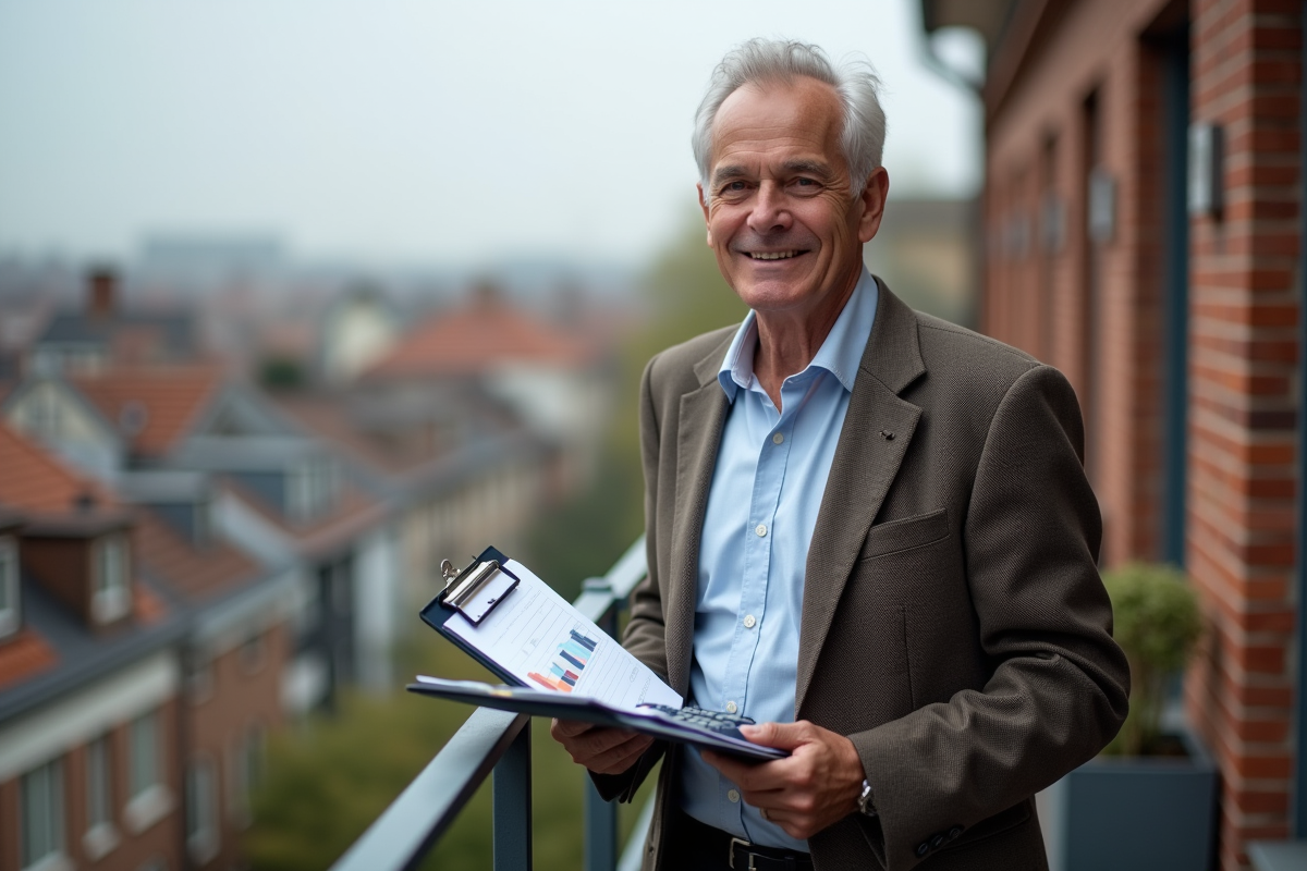 Homme d âge moyen sur un balcon urbain avec graphiques et ville en arrière-plan
