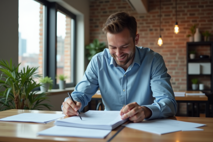 Homme en chemise bleue feuilletant des papiers dans un appartement lumineux
