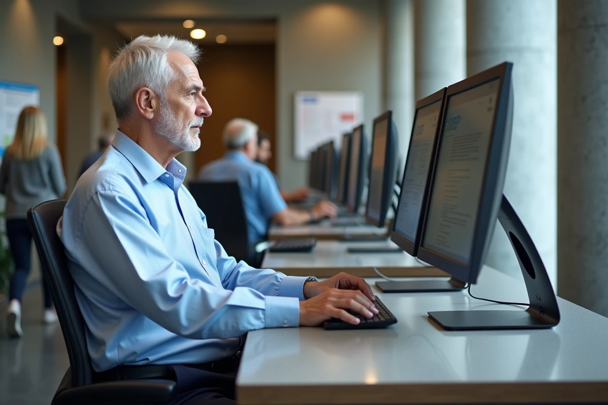 Homme âgé utilisant un ordinateur dans un bureau municipal