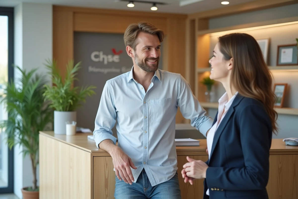 Jeune homme discutant avec un agent immobilier dans un bureau accueillant