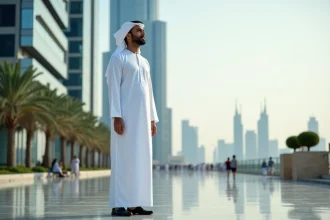 Homme Emirati en kandura blanc devant Almas Tower à Dubai