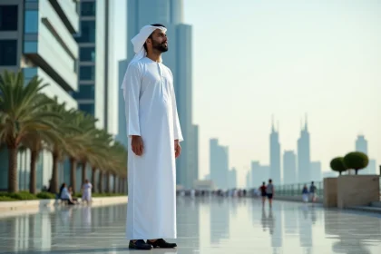 Homme Emirati en kandura blanc devant Almas Tower &agrave; Dubai