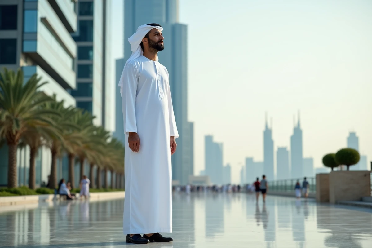 Homme Emirati en kandura blanc devant Almas Tower à Dubai