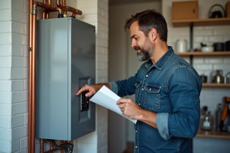 Homme d'âge moyen vérifiant un disjoncteur dans sa maison