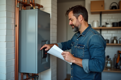 Homme d'âge moyen vérifiant un disjoncteur dans sa maison